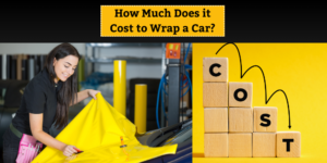 Woman applying yellow vinyl wrap to a car in a garage with the question "How Much Does it Cost to Wrap a Car?