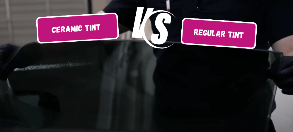 A person holding two sheets of window tint film, comparing ceramic tint and regular tint, with text labels highlighting the difference between the two types.