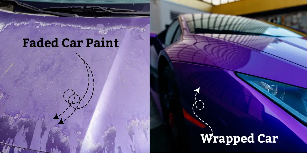 Comparison between a faded car paint finish and a vibrant purple-wrapped car finish, highlighting the visual difference.