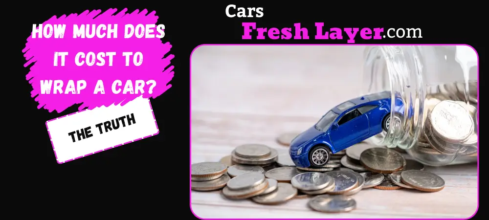 A small blue toy car next to a jar of coins spilling onto a wooden surface, with text asking "How much does it cost to wrap a car?