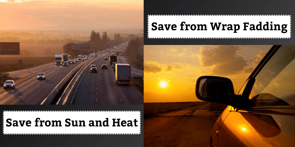 Highway traffic in sunset and car in sunlight highlighting protection from sun damage and wrap fading.