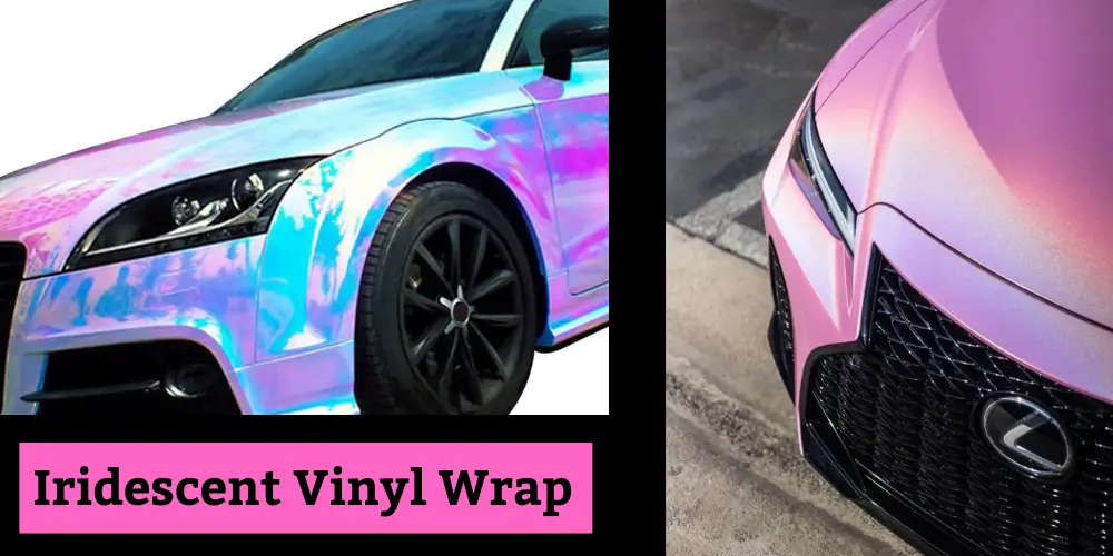 Iridescent vinyl wrap - a car with a colorful, shimmering vinyl wrap in various lighting conditions.