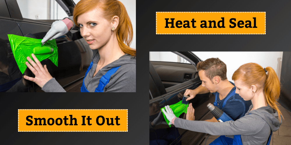 A woman applying a chrome vinyl wrap to a car, smoothing it out using a squeegee tool while wearing a protective glove