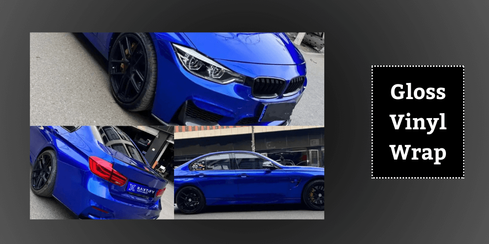 Blue car with a glossy vinyl wrap, showing different angles for a sleek and shiny finish