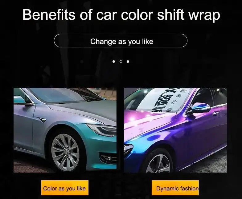 An image highlighting the benefits of car color shift wraps with two cars showing dynamic color changes. The left car displays a greenish-blue tone, while the right car shifts from purple to blue. The text emphasizes the customization options, stating "Color as you like" and "Dynamic fashion."