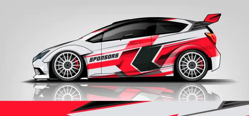 A racing car with a dynamic red, white, and black wrap design, shown from the side view. Below is a close-up of the wrap pattern.