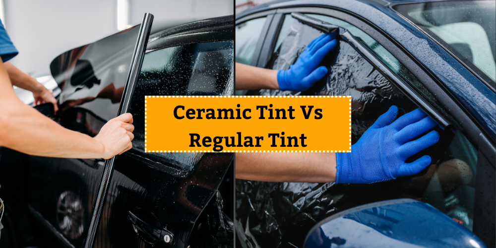 Two side-by-side images showing the installation of ceramic tint and regular tint on car windows, highlighting the differences between the two types of window tint.