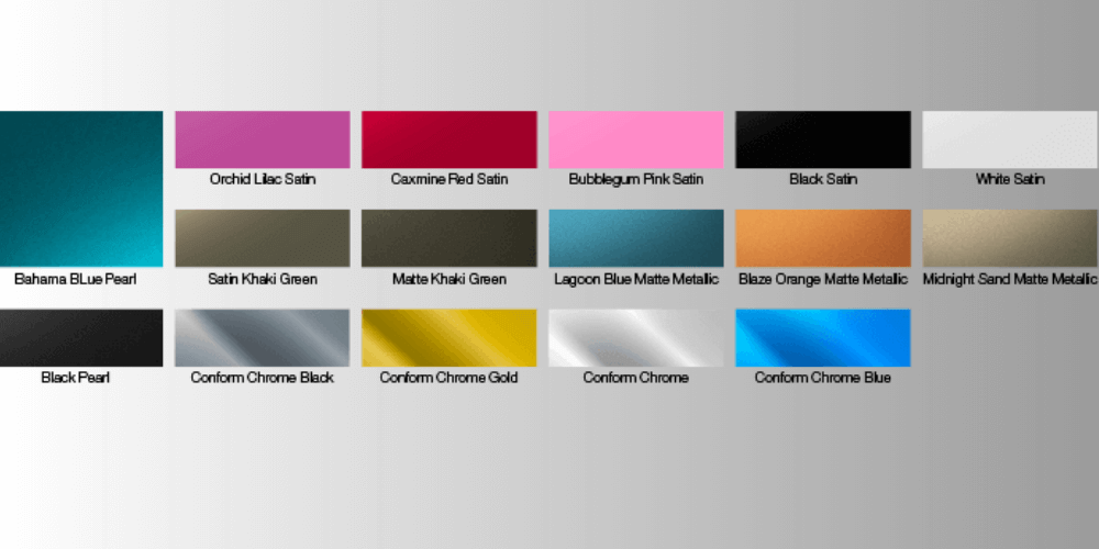 A grid of 13 car wrap colors, including shades like Bahama Blue Pearl, Orchid Lilac Satin, Black Pearl, and Conform Chrome Gold.