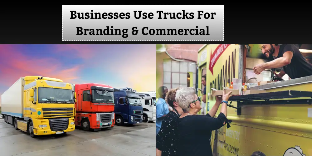 A lineup of colorful commercial trucks and a food truck serving customers, showcasing trucks used for branding and commercial purposes.