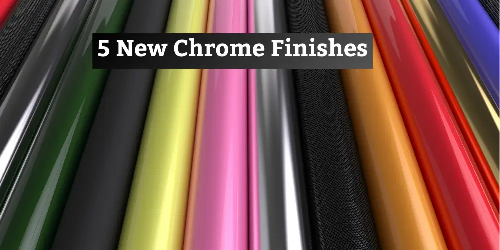 A variety of vibrant chrome finishes displayed in rolls, showcasing the 5 new chrome car wrap colors from Avery Dennison for a high-gloss, standout look.