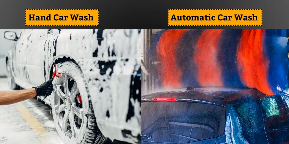 Comparison of hand car wash and automatic car wash with images showing a person scrubbing a wheel manually on the left and a car going through an automatic wash with spinning brushes on the right.