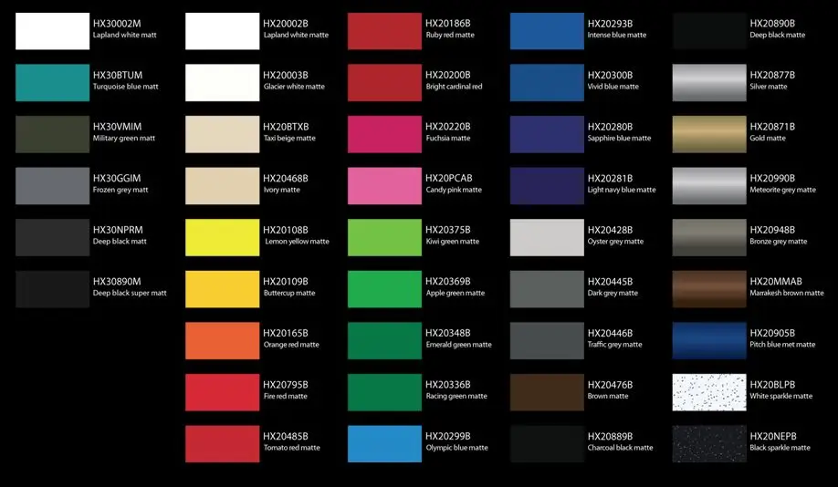 A color chart displaying a wide variety of matte car paint options, including shades of black, red, blue, green, and metallic finishes, with specific product codes.