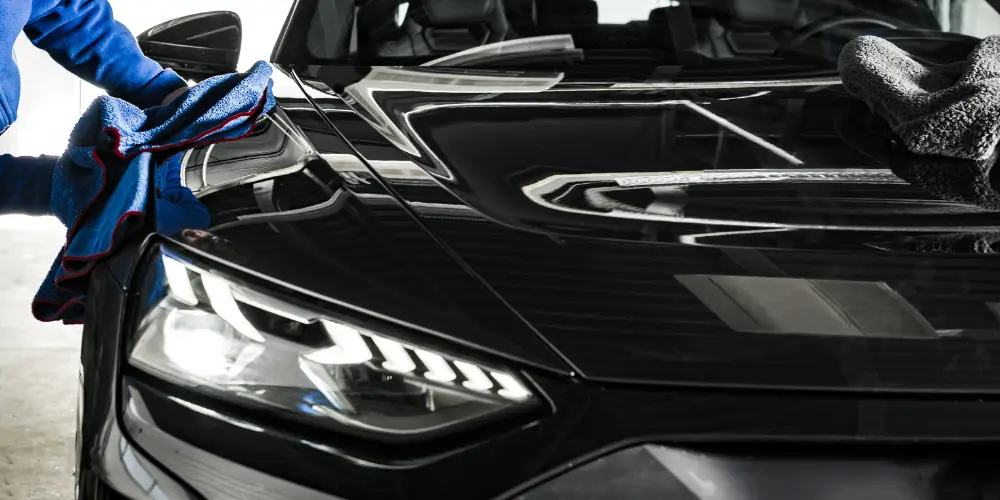 A close-up of a shiny black car hood being polished with a microfiber cloth by a professional