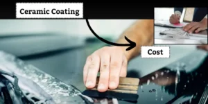 Close-up of a person applying ceramic coating to a car, with a small inset image showing a person calculating costs.