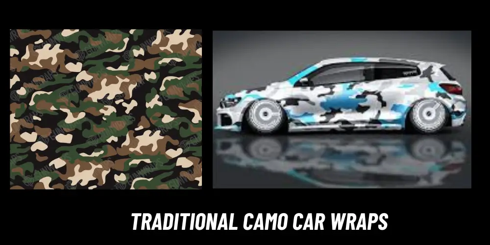 Traditional camo car wraps featuring a green-brown camouflage pattern and a car with a modern blue-gray camo wrap design