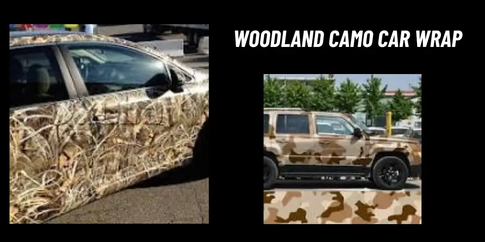 Cars wrapped in woodland camouflage designs, featuring natural tones and patterns suitable for blending into forest environments