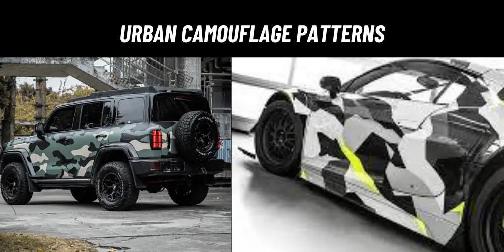 Urban camouflage patterns featuring a rugged SUV with green-gray camo and a sports car with a black, white, and neon yellow urban camo wrap