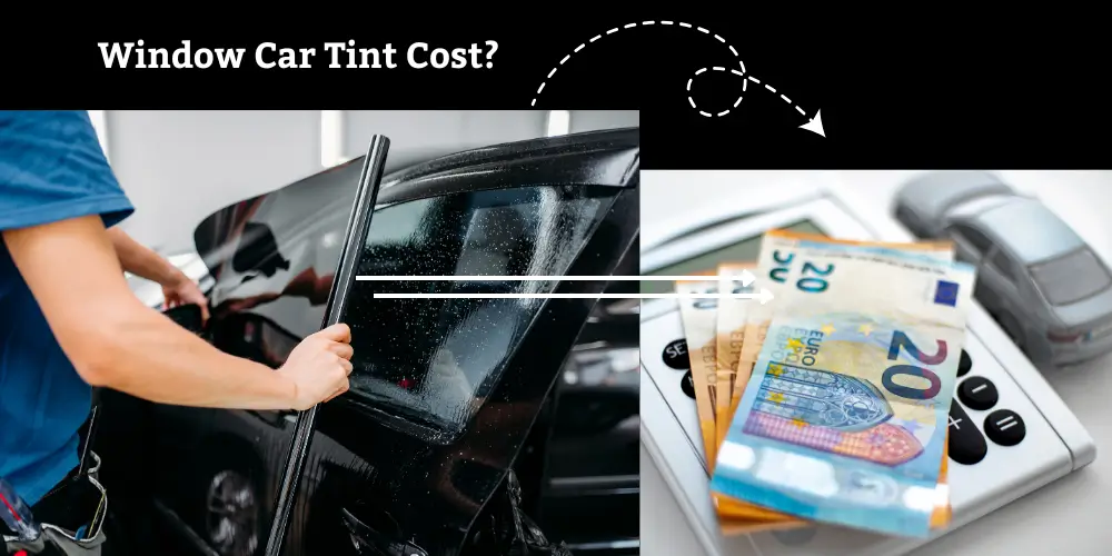 A professional installing a window tint on a black car, with a stack of Euro bills and a toy car placed on a calculator in the background, symbolizing window tinting cost.