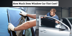 Two people applying window tint to car windows, showcasing the process of installing car window tints.