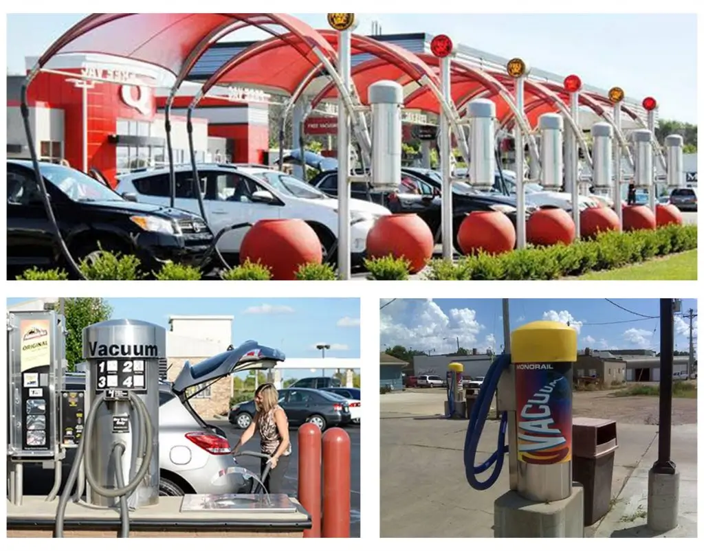 A collage of car vacuum stations, including a modern red-roofed vacuum area with multiple units, a silver self-service vacuum station, and a standalone vacuum system with colorful branding.