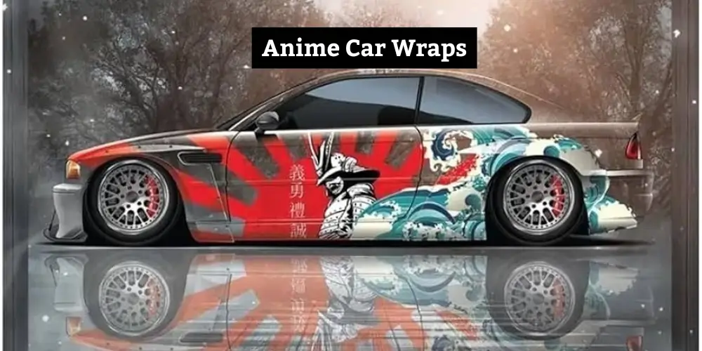 A sleek car featuring a custom anime-themed vinyl wrap with a samurai character, dynamic red and blue wave patterns, and a glossy finish