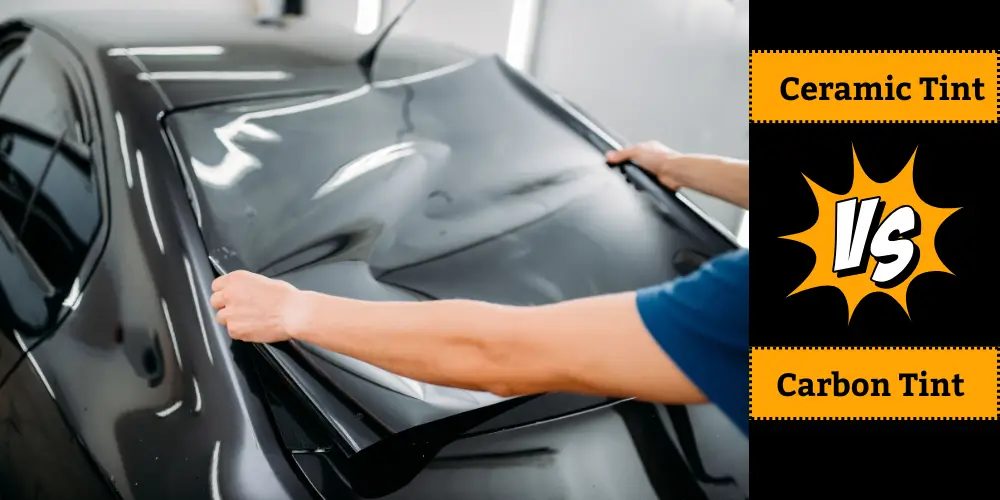 Person applying a car window tint with a comparison between Ceramic Tint and Carbon Tint highlighted in the image