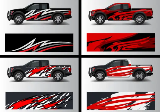 Graphic designs showcasing vehicle wrap options for trucks in red, black, and white with bold patterns