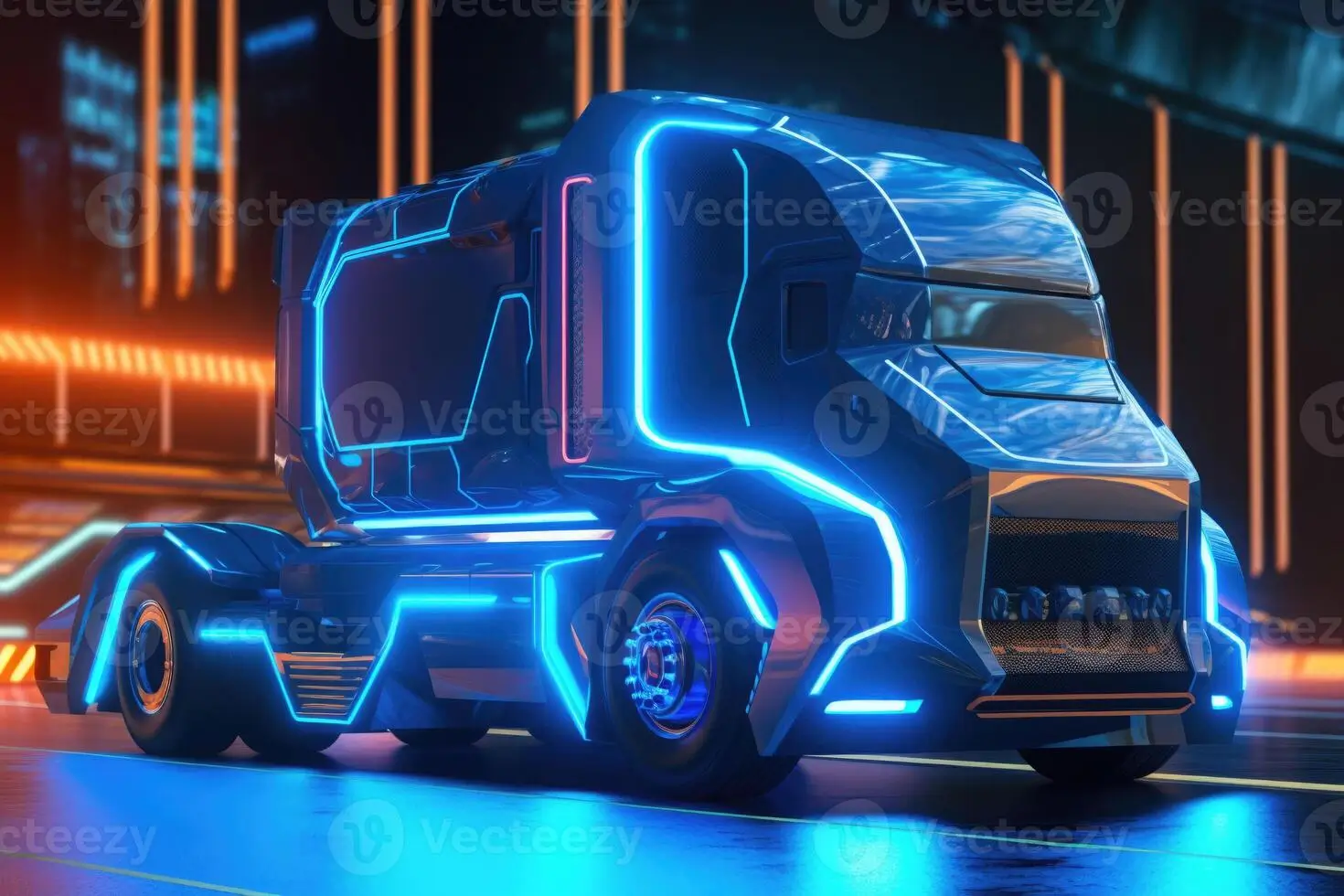 A futuristic electric truck with neon blue lights, showcased in a glowing, high-tech environment.