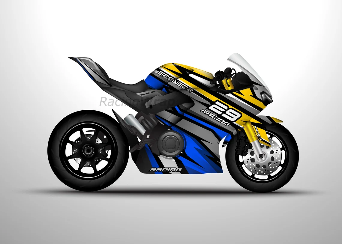 Blue and yellow racing-themed motorcycle with bold graphics and number 29 design