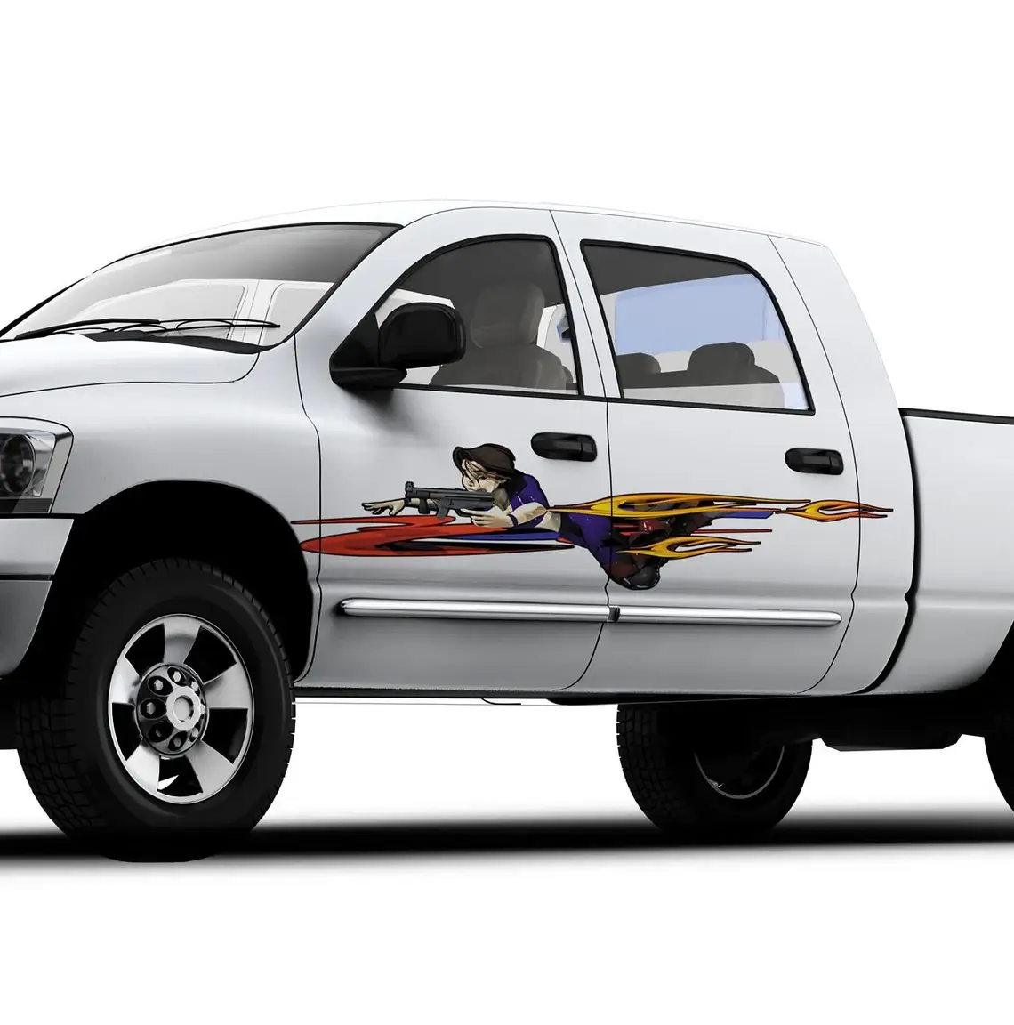 White truck with a vinyl wrap design featuring a comic-style illustration of a character firing a rifle with flame effects