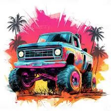 Vibrant illustration of a retro lifted truck with large tires, surrounded by palm trees against a tropical sunset backdrop