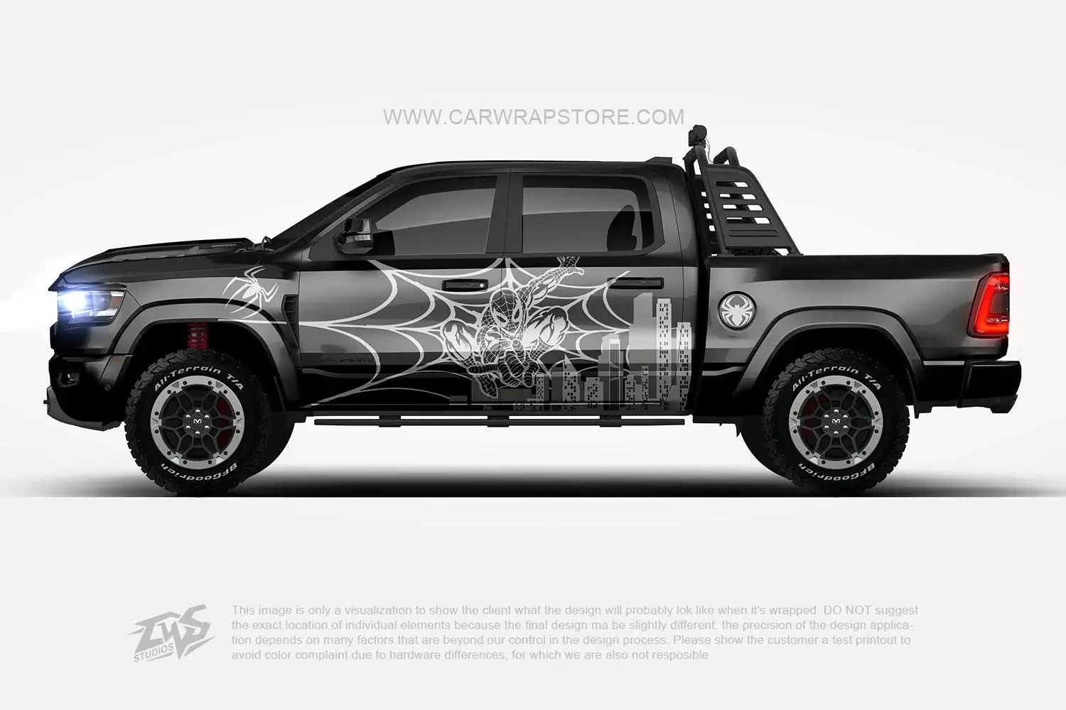 Black truck with a Spider-Man-themed vinyl wrap design featuring web patterns and city skyline.