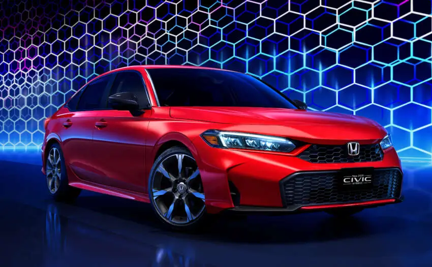 2025 Honda Civic 11th-generation model featuring a red metallic finish, showcased against a vibrant hexagonal pattern backdrop