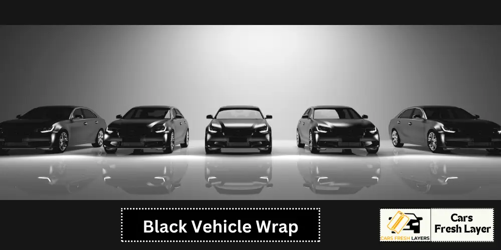 A lineup of five black cars with sleek vehicle wraps displayed in a studio setting with reflective flooring